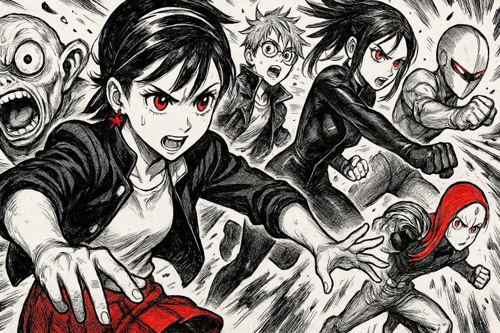 Dandadan manga characters in an action shot.